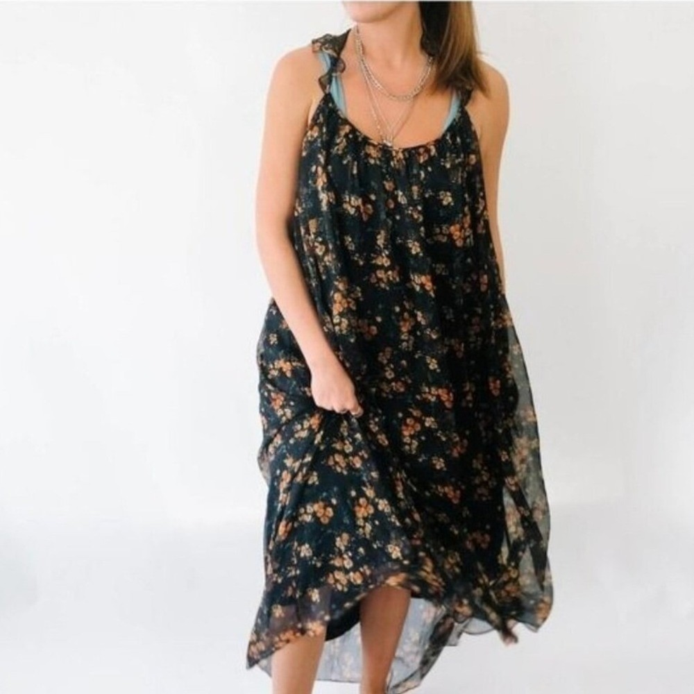 Zara Basic Collection Floral‎ Maxi Dress Black Orange Chiffon Ruffle Racerback M